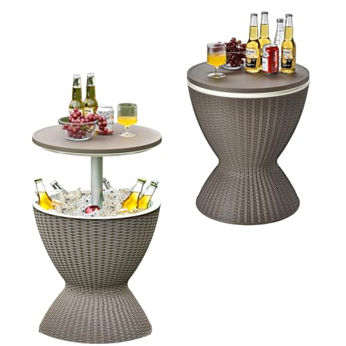 RELAX4LIFE Secchiello Ghiaccio 30 L, Tavolo da Giardino in Rattan, Portaghiaccio con Tavolino Sollevabile, Altezza Regolabile, Ideale per Vino/Birra/Cocktail (Marrone)