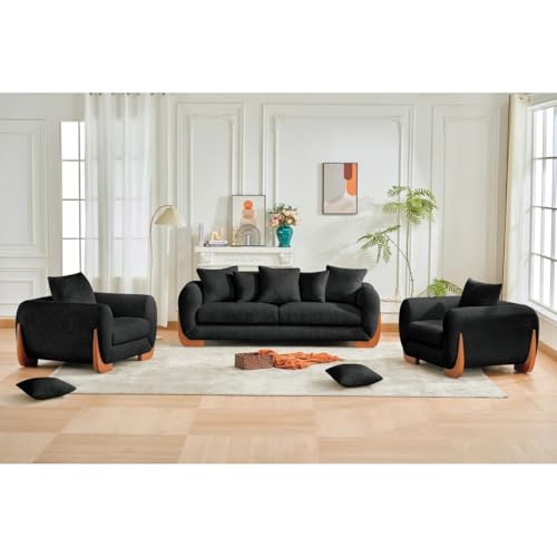Image of Velvet Contemperory Sofa with Cushion Chaise Lounge Sectional Sofa Perfect for Living Room & Bedroom Guests Home & Office (Boucle 3+1+1 Black, 5 Seater)