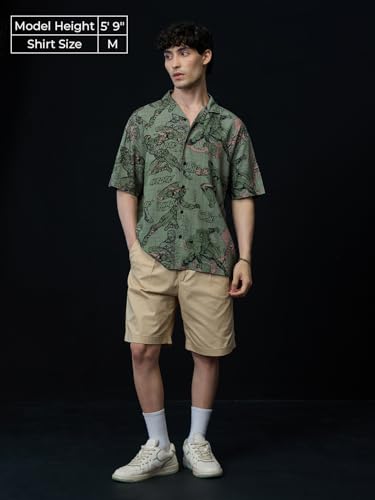 Image of The Souled Store Avengers: Comics Men and Boys Short Sleeves Collared Neck Button Front Green All Over Printed Viscose Oversized Shirts