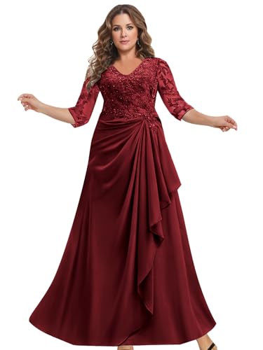 MAGGCIF Lace Mother of The Bride Dresses with 3/4 Sleeves Chiffon Ruffle Beaded Long Evening Formal Wedding Guest Dress3