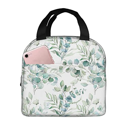 Sage Green Insulated Lunch Bag Spring Green Lunch Box, Cute Lunch Box for Women Man, Watercolor Green Eucalyptus Leaf Floral Lunch Tote Bags for School Work Picnic Travel