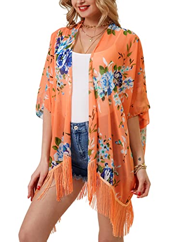 Quimono feminino floral – Roupa de praia de chiffon leve, leve, com leopardo para biquínis, cardigã