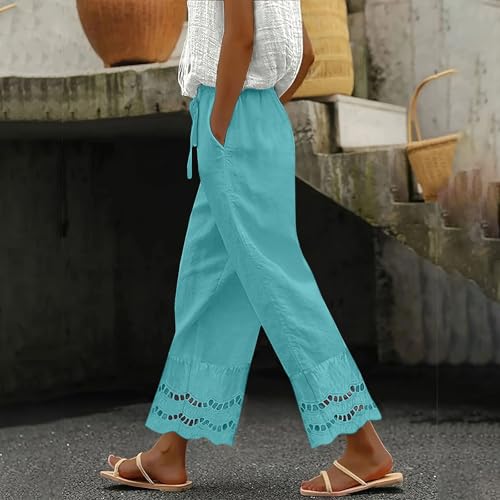 Womens Dress Pants Boho Hollow Out Long Linen Gauze Wide Leg Pants Summer Beach Drawstring Pull on Flowy Slacks2