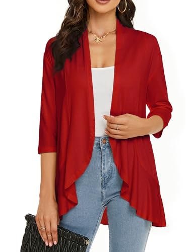 Image of YnimioAOX Women's Cardigan Lightweight Open Front 3 /4 Sleeves Draped Ruffles Knit Cardigan Sweaters