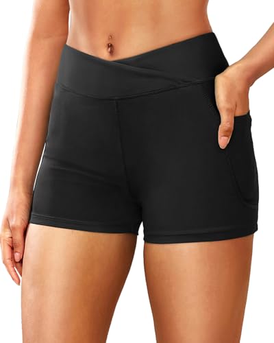 Women 3' High Waisted Swim Board Shorts V Cross Boy Shorts Swim Bathing Suit Bottoms Swimwear with Pockets Black M