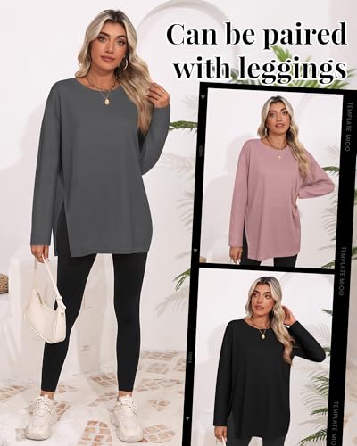 3 Pack Women's Waffle Knit Long Sleeve Tops Oversized Crewneck Loose T Shirts Fall Winter Casual Basic Blouses(Black, Dark Gray, Grayish Pink,Medium)2