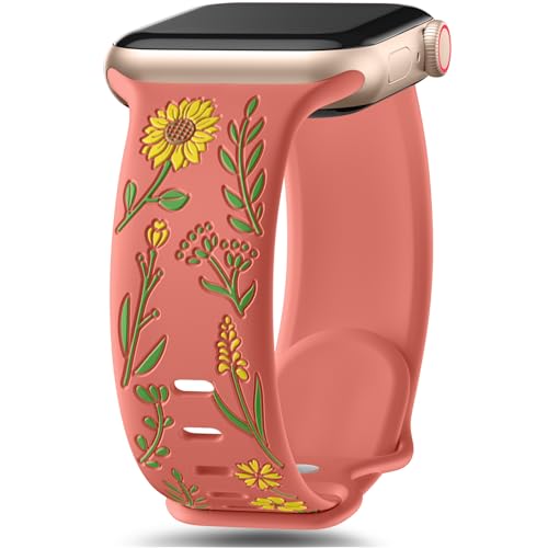 SNBLK Floral Band Compatible with Cute Apple Watch Bands for Women 40mm 41mm 38mm 42mm 44mm 45mm 46mm 49mm, Flower Engraved Silicone Inlay Dressy Strap for iWatch Series 10 9 8 7 6 5 4 3 2 1