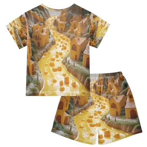 Pajama Sets Short Sleeve Funny Cheese River House Soft Cotton Summer Sleepwear 2 Piece PJS Size 5-14T2