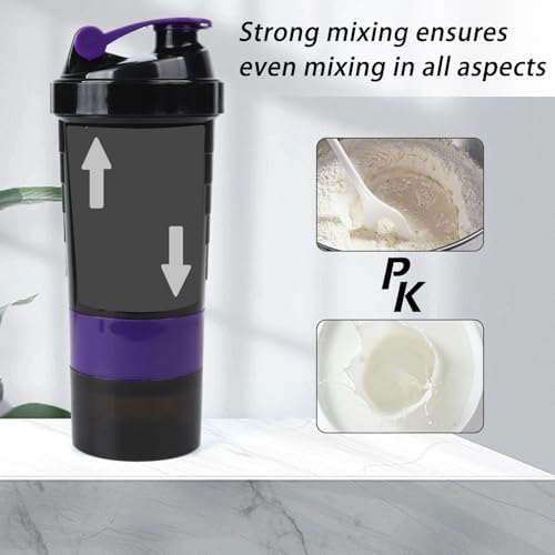 Image of Shaker Bottle,16oz Protein Shaker Bottles with Mixing Ball, 3 in 1 Leak-proof GYM Shake Cup with Powder Storage & Pill Tray, Ideal for Workout,BPA Free(Purple