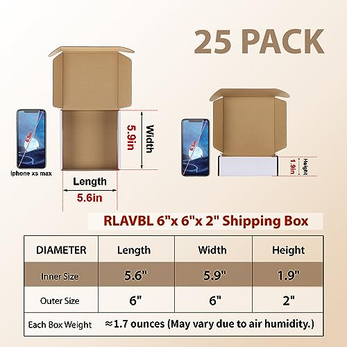 Image of RLAVBL 6x6x2 Small Shipping Boxes Set of 25, White Corrugated Cardboard Box for Packing, Mailing, Business