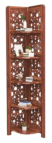 Image of Sheesham Wood Cricle Corner Shelf for Living Room Bedroom Home | CNC 5 Tier Corner Bookshelf | Wooden Ladder Bookcase Display Unit (Honey Finish)