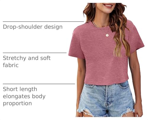 Image of Womens Crop Tops Summer Short Sleeve Round Neck T-Shirts Loose Fit Blouse