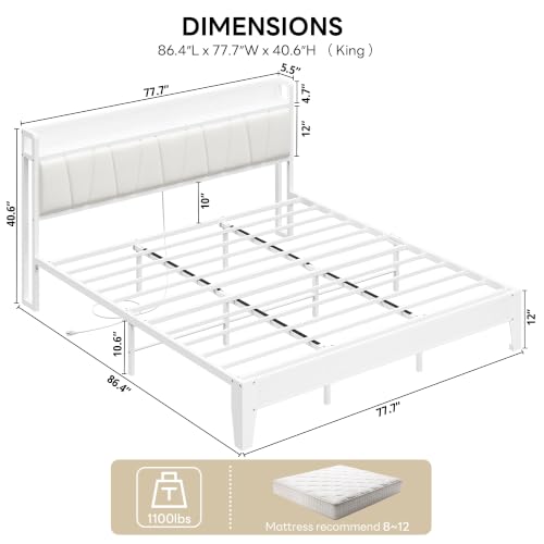 Image of LIKIMIO King Bed Frames, PU Leather Storage Headboard with Charging Station, Solid and Stable, Noise Free, No Box Spring Needed, Easy Assembly, White