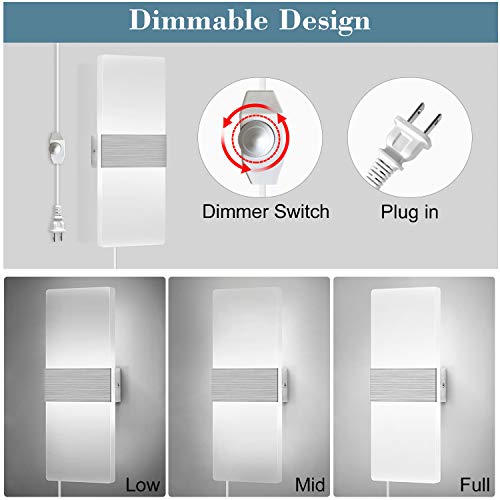 Lightess Dimmable Wall Sconces Plug In Set Of 2, Modern Wall Lamp 12W Acrylic Led Wall Light Fixture For Living Room Bedroom Corridor, Cool White #TOP1