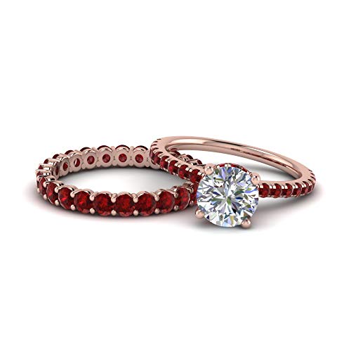 Image of Choose Your Gemstone Hidden Halo Diamond CZ Ring with Gemstone Band Rose Gold Plated Round Shape Wedding Ring Sets Minimal Modern Design Birthday Gift Wedding Gift US Size 4 to 12