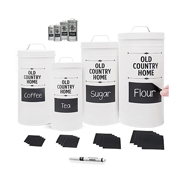 Saratoga Home Farmhouse Canister Sets for Kitchen, Sugar and Flour Canister Set, White Canisters Sets for the Kitchen, Kitchen Canisters Set of 4, Airtight Rustic Tin Metal Flour, White