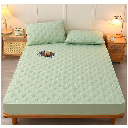 KnSam Sábana bajera ajustable de 180 x 200 cm con 2 fundas de almohada, juego de 3 piezas, antideslizante, sábana bajera monocolor, comodidad para dormir, de poliéster y algodón, color verde hierba,
