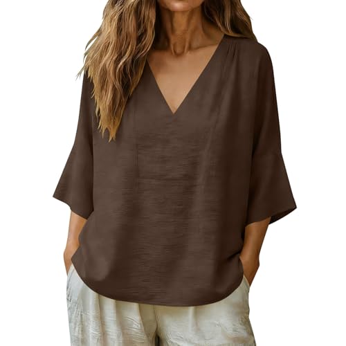 Cotton Linen Tops for Women Summer Loose Casual Gauze Shirt Fashion Ruffle 3/4 Bell Sleeve V Neck Beach Vacation Blouse Brown
