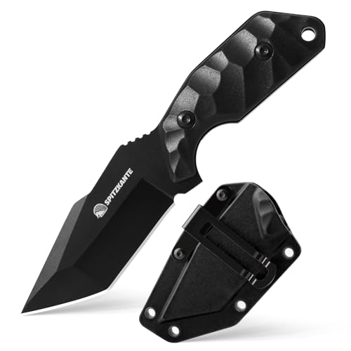 SPITZKANTE - SPITZKANTE Small Fixed Blade Knife X-TAN-K, Full Tang Tanto Knife with 5Cr14MoV Steel, Compact EDC Tool with Horizontal Belt Clip for Camping, Hiking & Outdoor Use, Black