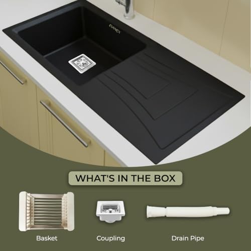 Image of EVANEX Quartz Sink for Kitchen|36x18x9 inch Kitchen Sink with Drain Board|Granite Sink for Kitchen Basin|Black Quartz Kitchen Sink with Connector, Waste Pipe, Coupling and Drain Basket