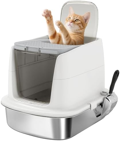 PawHut Stainless Steel Cat Litter Box with Lid, Large Hooded Cat Litter Tray with Flip Cover, Metal Scoop, Deodoriser Bag, Non-Sticky, Odour Control and Easy Clean, White