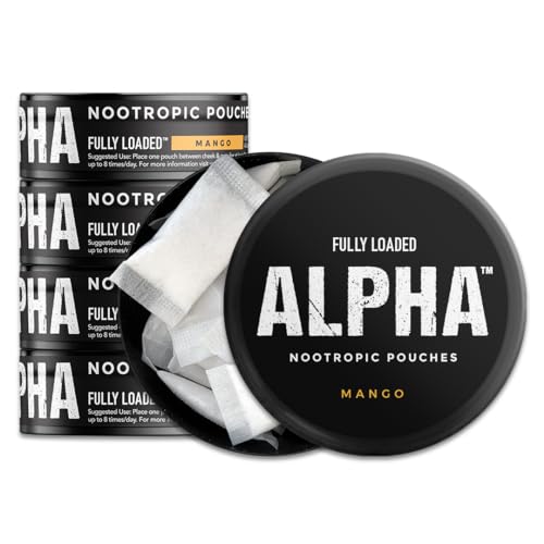 Image of Fully Loaded Alpha Nootropic Pouches (Mango) - 5 Cans - 15 Pouches per can -Effective Nootropic Delivery, Nic Pouch Replacement - Faster Absorption, Alpha GPC, L-Tyrosine, GABA