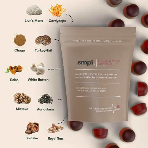 smpl. Focus & Mood Mushroom Gummies - World's BEST Daily Mushroom Gummy - 10 Mushroom Blend with Chaga, Lions Mane, Reishi - Boost Your Focus, Energy, Immunity, Mood - 60 Gummies - Image 6