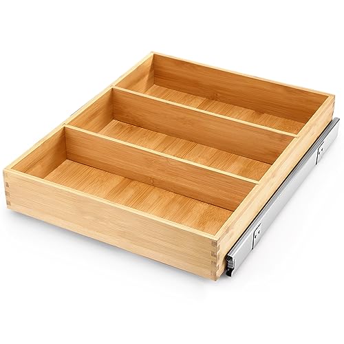 Image of Fabsome Pull Out Cabinet Drawer Organizer for Kitchen, Sliding Bamboo Wood Storage Rack Organization, Gliding Cupboard Shelf for Pantry, Slide Out Spice Rack Container Lid Organizer, 18 inchW x 21 inchD