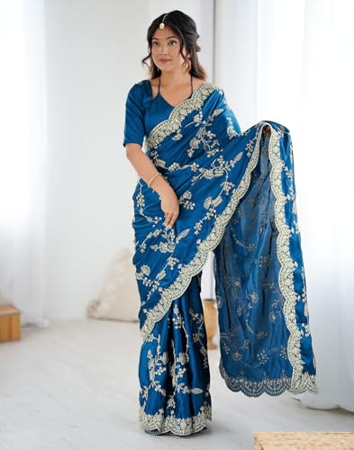Image of SIRIL Women's Satin Embroidery And Scalloped Border Saree With Unstitched Blouse Piece