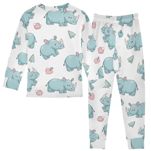 Pajama Sets Long Sleeve Cute Blue Rhino Pattern Soft Comfy Sleepwear 2 Piece PJS 3-8T3