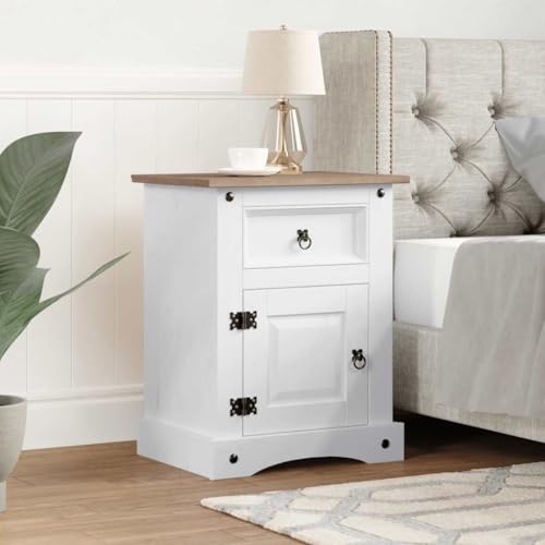 Mokuyary Table de Chevet Gamme Corona pin Mexicain Blanc 53x39x67 cm Table d'appoint Bout de Canapé, Armoire Latérale Montage Facile pour Chambre, Salon