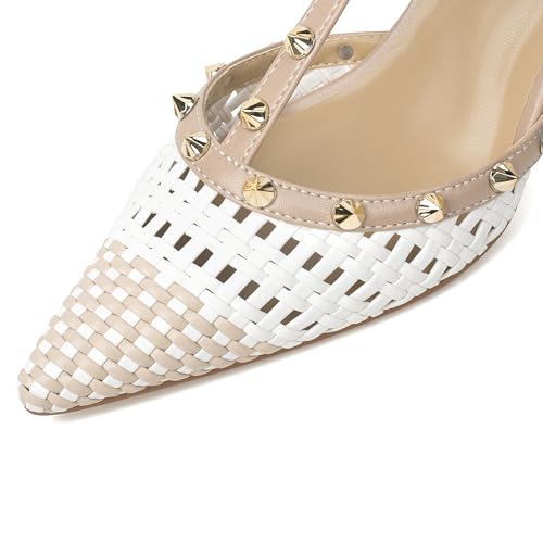 Image of XINIUNIU Studded Heels for Women Kitten Heels with Studs Stiletto Sandals with Rivet Ankle Strap Patent Leather Pointy Toe 2.5 Inch Party Daily Wear Evening Sandals