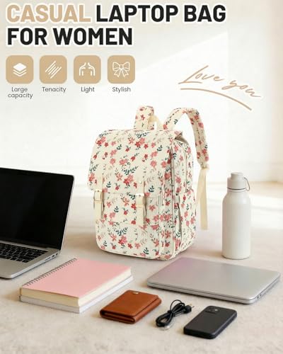 Image of Corduroy Laptop Backpack for Women, Fits 15.6 Inch Computer Bag, College High School Bookbag Travel Daypack Purse, Work Business Bags - Beige Corduroy Flowers Pink