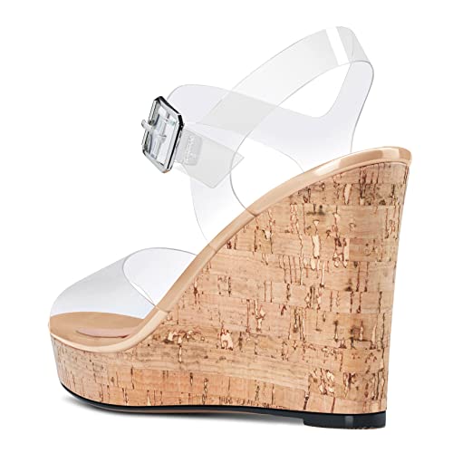 Aachcol Women Clear Platform Wedge Sandals Round Peep Open Toe Sexy Ankle Strap Slingback Two-Piece Chunky Block High Heel Dress Shoes Pumps Party Patent 4 Inch3