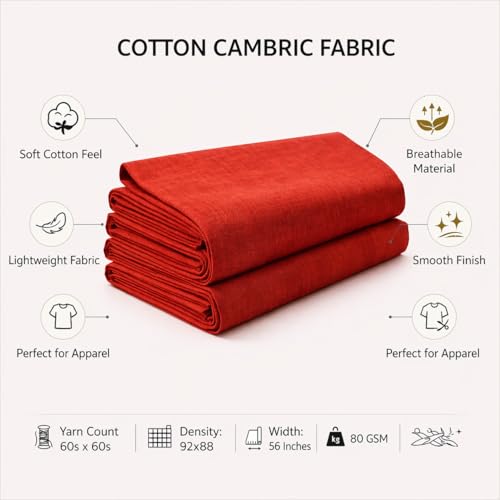 Image of Soimoi Red Solid 60 * 60's Cotton Cambric Fabric by 10 Yards, 56 Inch Wide Light Weight Material Suitable for Kurtis, Blouses, Kids Clothing, Tunics, Dresses and Summer Apparel