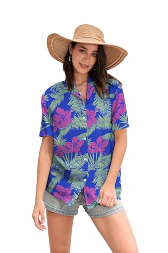 Image of Betusline Girls' and Womens' Hawaiian Shirt Blouse Button Down Beach Shirts | Casual breathable and comfortable Short Sleeve V-Neck Floral Tropical Blouse