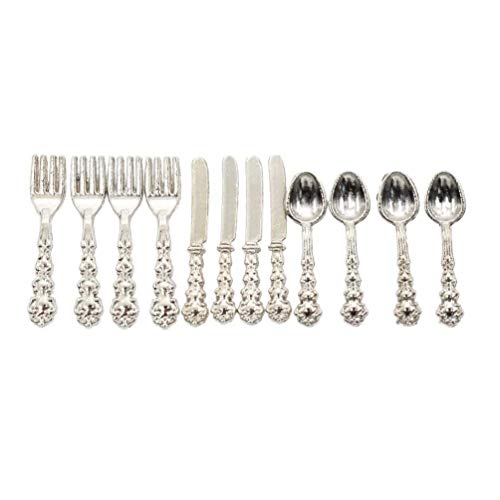 BetterUS 1/12 Scale Mini Fork Spoon Knife Set Metal Tableware Dollhouse Kitchen Furniture Supply 12Pcs