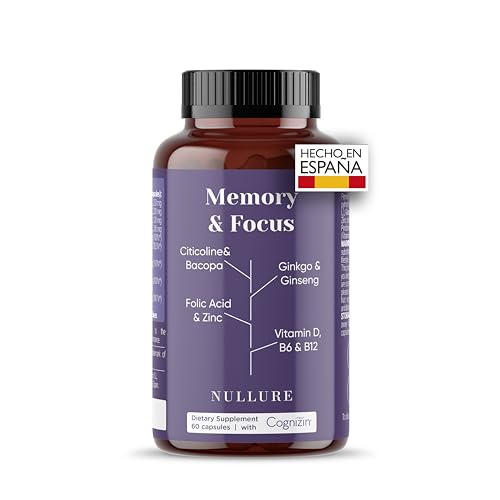 Nullure Memory & Focus Nootropico Potente | Sin Esterato de Magnesio y libre de aditivos | con Citicolina 250 mg COGNIZIN® | Memoria y Contrentración | Ginkgo Biloba · Bacopa Monnieri | 60 cap
