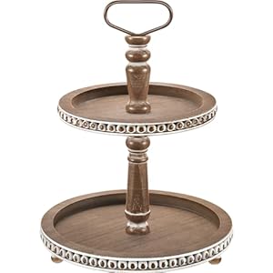 Handmade Two Tiered Tray Stand, Small Beaded Tiered Seasonal Tray Decor, Warm Brown Wooden Kitchen Serving Tray for Coffee Food Fruits Cupcakes, Home Decor Holiday Display Handmade Two Tiered Tray Stand Small Beaded Tiered Seasonal Tray Decor Warm Brown Wooden Kitchen Serving Tray for Coffee Food Fruits Cupcakes Home Decor Holiday Display