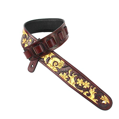 Walker And Williams LHR-27 Handmade Garnet Red Premium Carved Leather Guitar Strap With Gold Sumi-E Wave Scene For Acoustic, Electric, And Bass Guitars