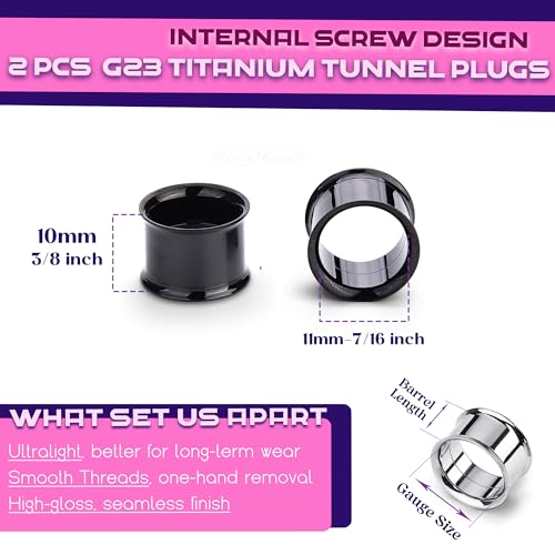 BodyBonita 2Pcs G23 Titanium Double Flared Earrings Internally Threaded Gauges for Ears Weights Eyelet Tunnel Plug Stretching Kit 7/16 Inch Women Men Black by BodyBonita - Image 2