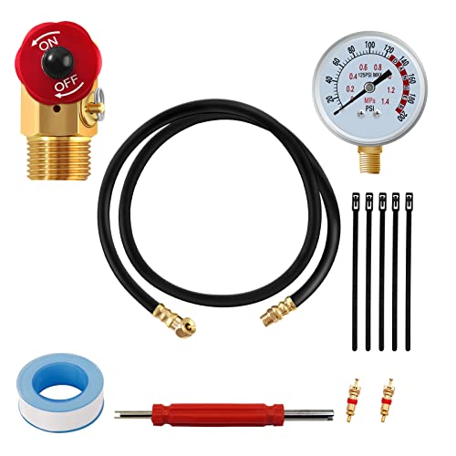 12Pc Air Tank Repair Kit SUNROAD Air Tank Hose Assembly Kit Come with Pressure Gauge Air Hose Connect Aluminum Knob Air Tank Manifold Reuseable Cable Tie Valve Core Tool and Valve Cores