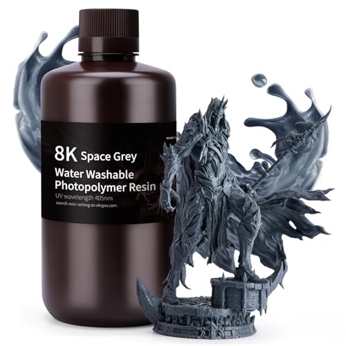 ELEGOO 8K Resina Lavable al Agua Gris 1KG, Resina UV 405nm Curado Rápido Resina Fotopolímero para Impresora 3D/LCD/DLP