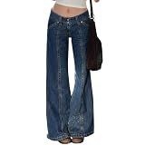 Low Rise Flare Jeans for Women Y2k Vintage 90s Bell Bottom Denim Pants Seam Front Baggy Jean Trousers with Pockets Blue