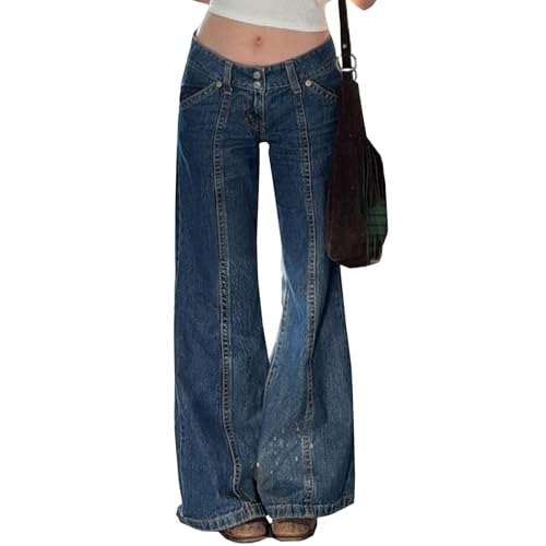 Low Rise Flare Jeans for Women Y2k Vintage 90s Bell Bottom Denim Pants Seam Front Baggy Jean Trousers with Pockets