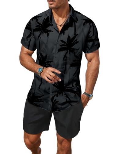 Image of Yimoon Men's Summer 2 Piece Outfits Tropical Print Short Sleeve Button Down Hawaiian Beach Shirt and Shorts Set