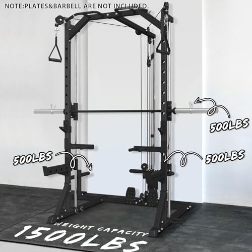 ER KANG Smith Machine Squat Rack, Power Cage with Cable Crossover Pulley System, Strength Training Power Rack with Linear Bearing, 1500lb Heavy Duty Weightlifting Machine for Home Gym - Thumbnail 3