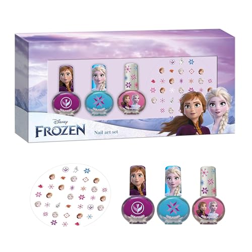 Disney Frozen Nail Art Set for Girls - Complete Nail Decoration Kit with 3 Nail Polishes (Sky Blue, Neon Pink, Bright Pink), Nail Stickers, - Best Gift for Kids Aged 3+