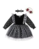 Renotemy Baby Girls Dress Infant Flower Girl Dresses Winter Newborn Outfits Solid Black Ruffle Velvet Long Sleeve Tutu Dress Princess Wedding Party Birthday Dresses 3-6 Month Baby Clothes for Girl