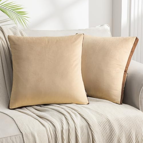 Image of Phantoscope Pack of 2 Velvet Decorative Throw Decorative Pillow Cover Gusseted Soft Solid Square Cushion Case for Couch Light Beige 18 x 18 inches 45 x 45 cm